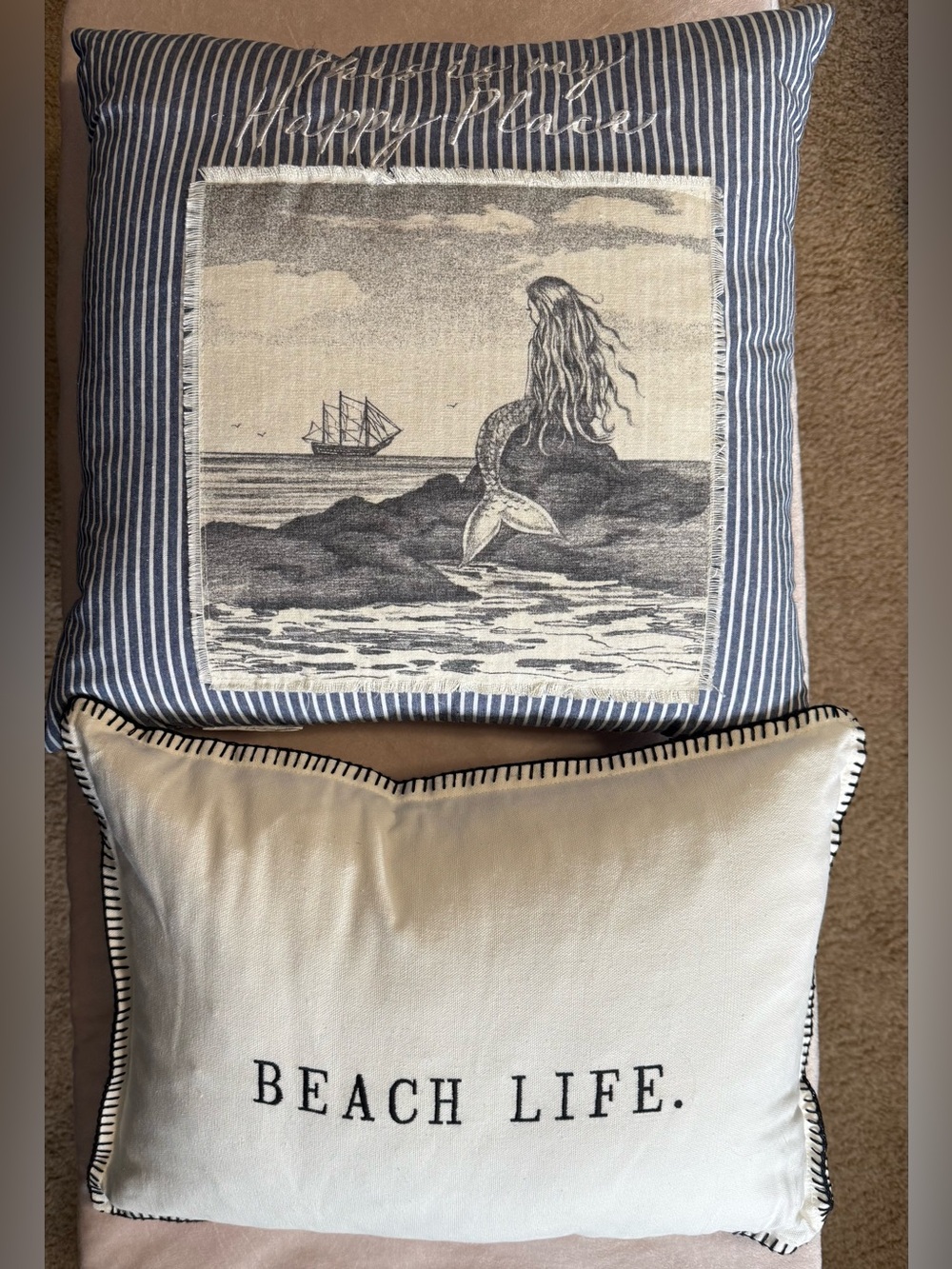 2 Coastal pillows- Blue Striped Mermaid &Beach Life Decorative Pillow -